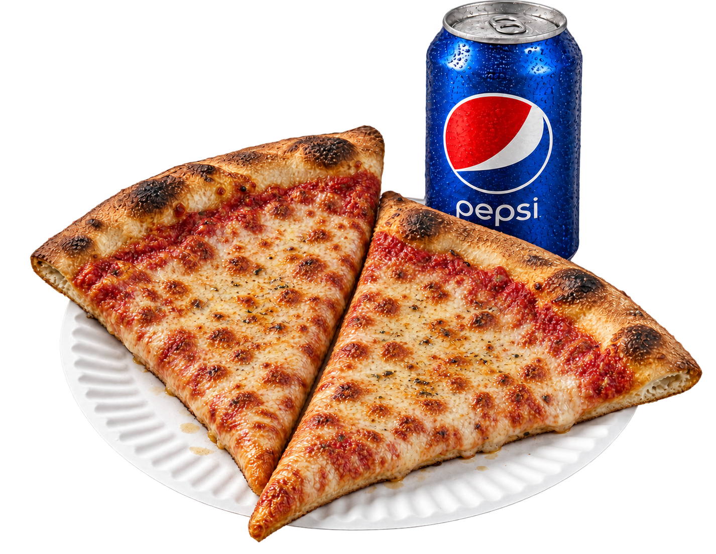 Two cheese pizza slices with a can of soda